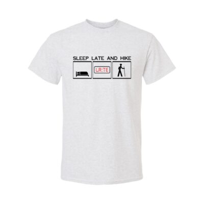 SleepLateandHikeLogoRed Gildan Adult DryBlend Short Sleeve Tee